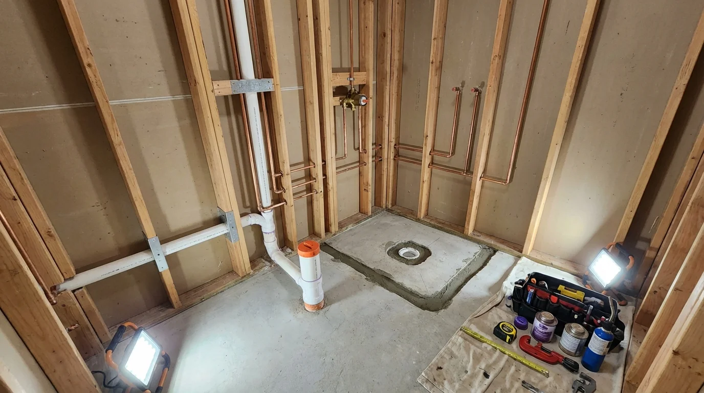 Bathroom rough-in plumbing during remodel by Johns Plumbing LLC in Pinebluff