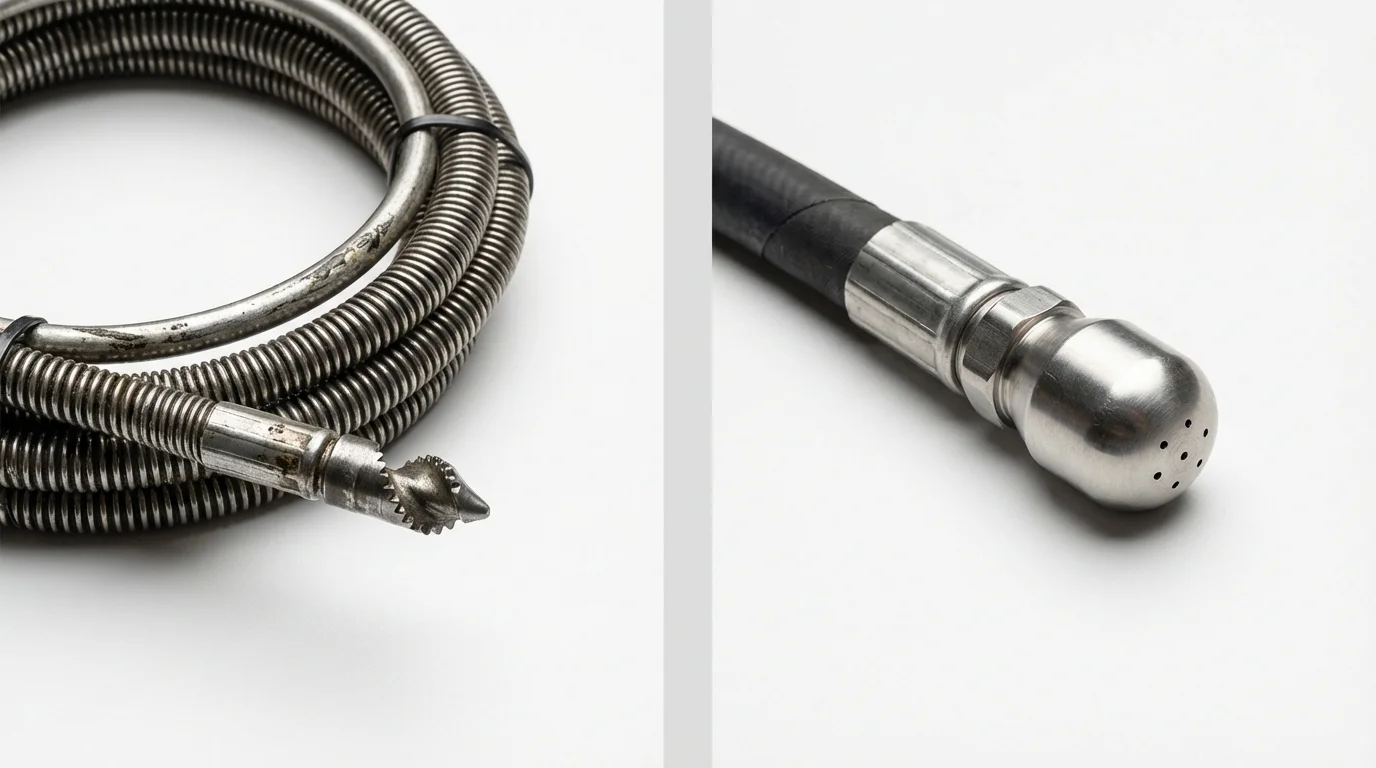 Drain snake cable and hydro jetting nozzle used for drain cleaning in Pinebluff, NC