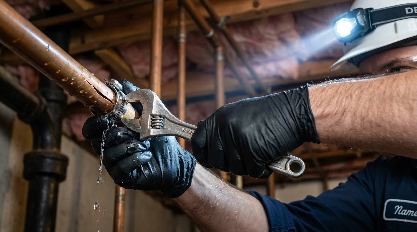 Emergency pipe clamp repair being performed by a Johns Plumbing LLC plumber in Pinebluff