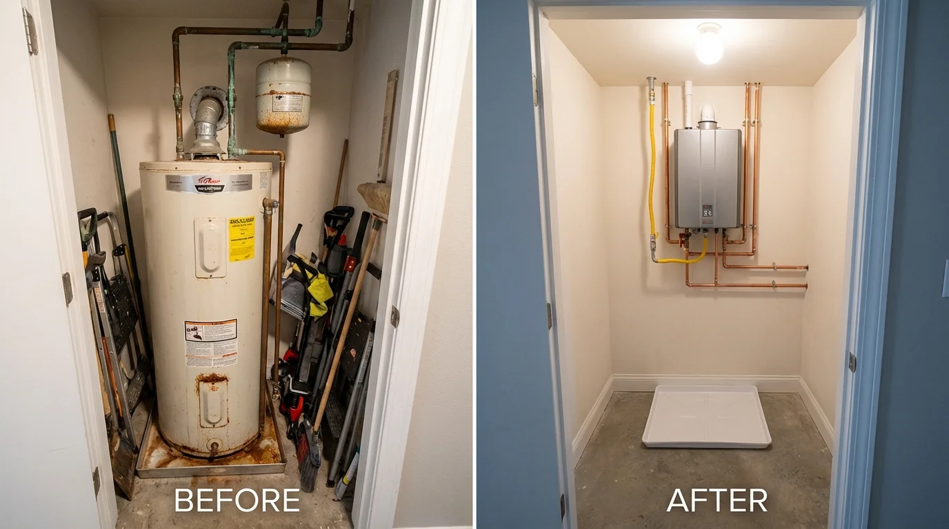 Tank water heater versus wall-mounted tankless unit comparison for Pinebluff, NC homeowners