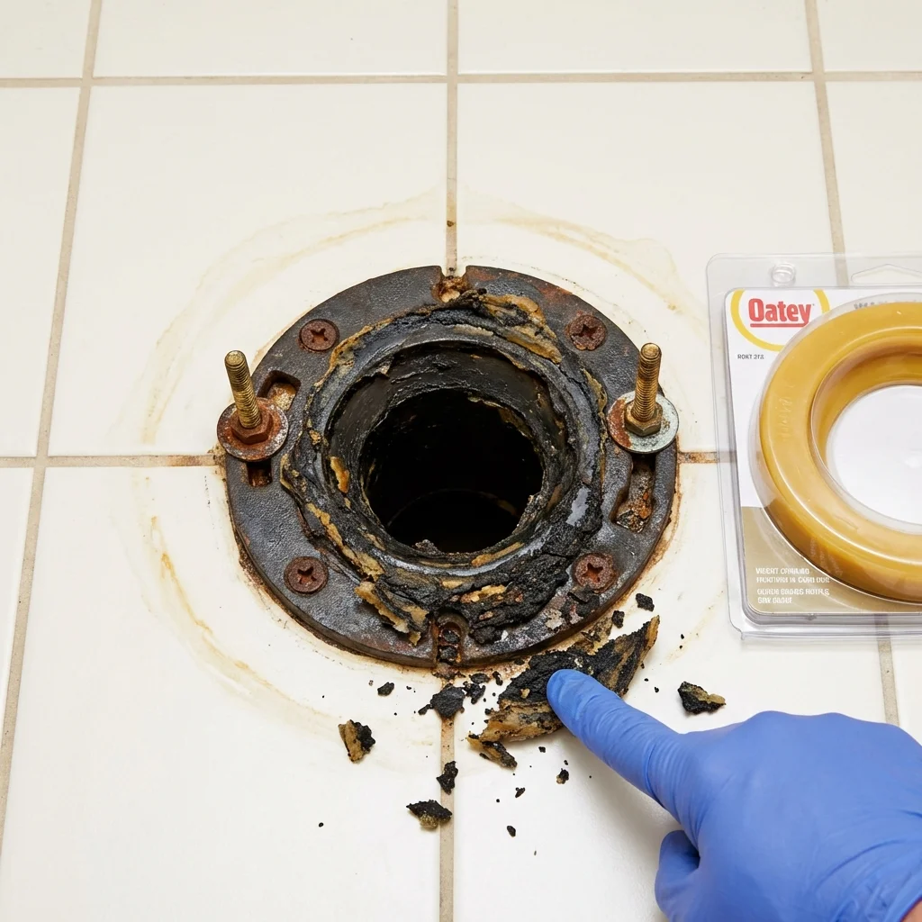 Failed wax ring showing water seepage at the base of a toilet in a Pinebluff, NC home