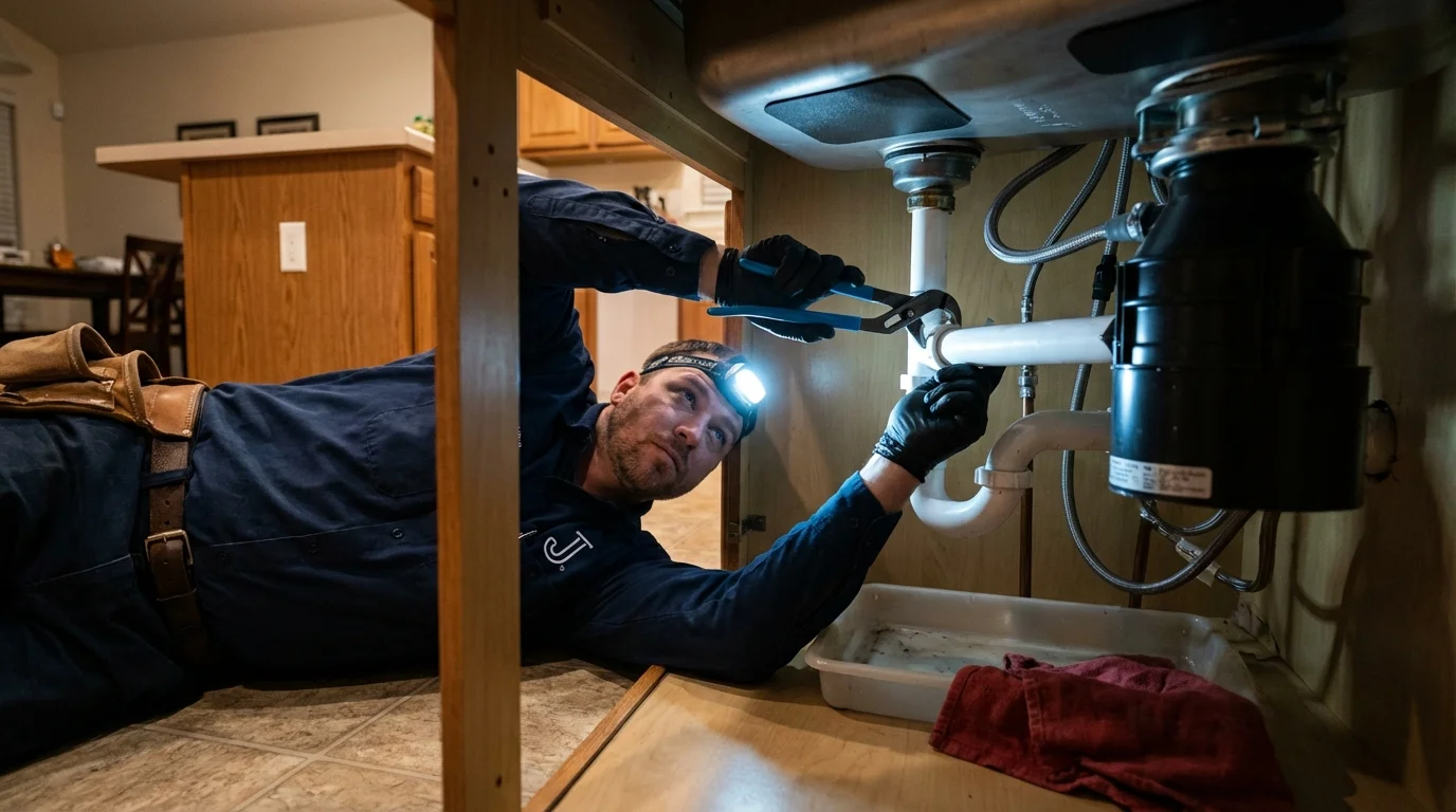P-trap and supply line connections under a kitchen sink showing a common leak point in Pinebluff, NC